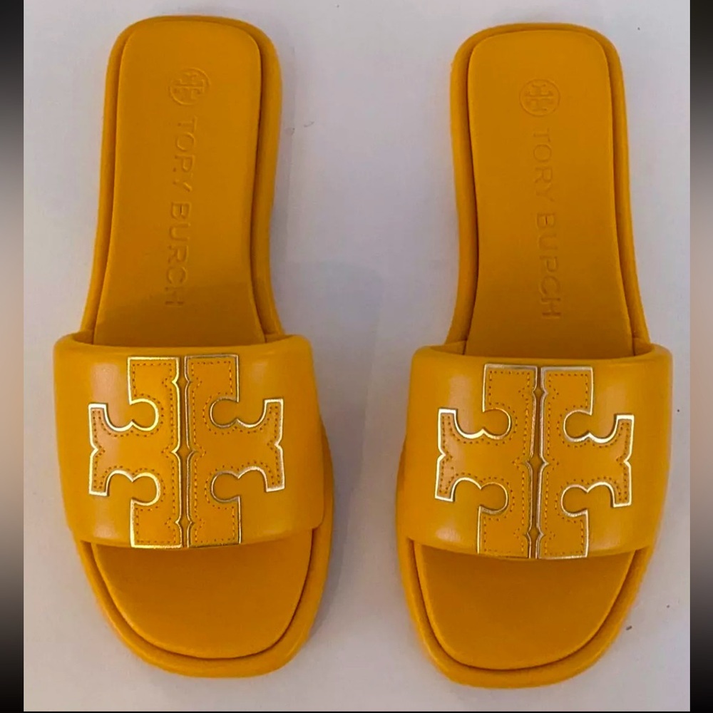Tory Burch Double T Sport Slides, Yellow Leather Size 7 New Without Tags BNWOT